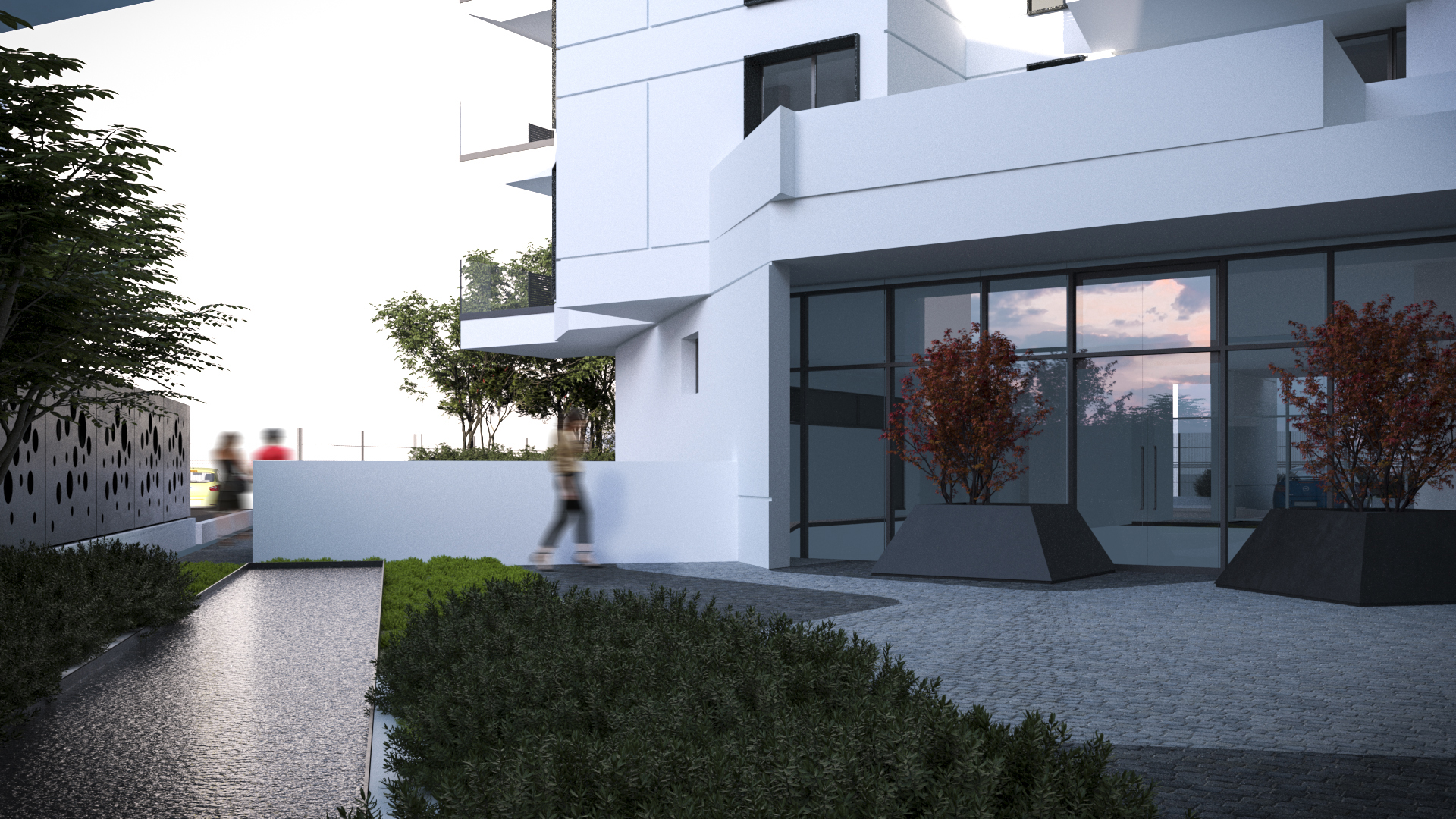 Bazin decorativ din oțel integrat în curtea Atlas Residence, înconjurat de vegetație și pavaj