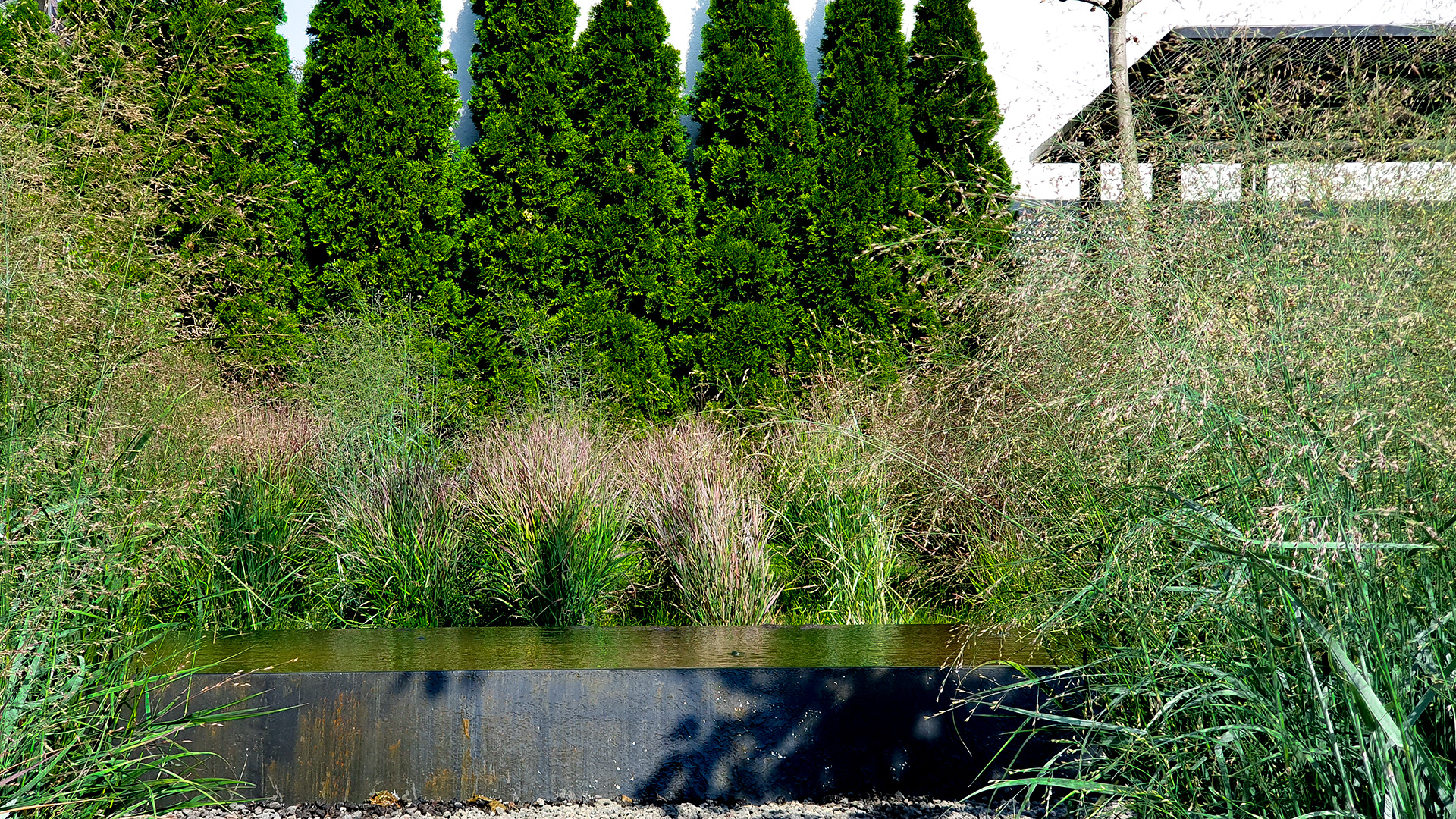 Element decorativ de apă din metal, între ierburi ornamentale și gard viu de tuia