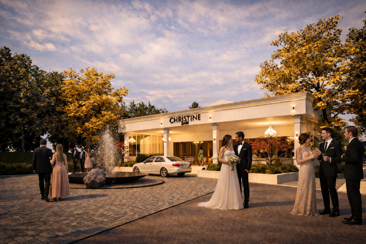 Patio de primire cu bazin decorativ și jeturi de apă într-o grădină pentru evenimente private