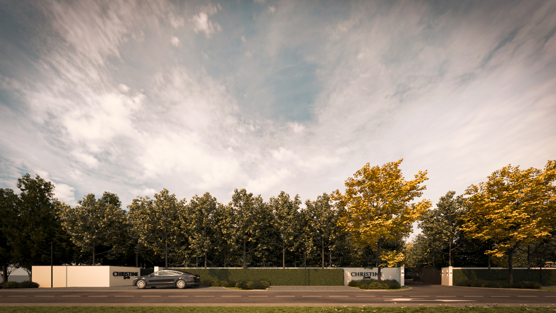 Fațadă stradală locație evenimente private lângă Târgu Jiu cu gard arhitectural și aliniament de arbori