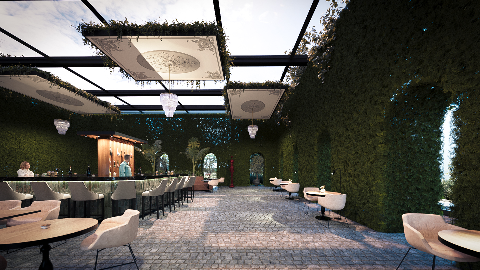 Pădure mixtă cu arbori decorativi pentru intimitate și protecție fonică în grădină de evenimente