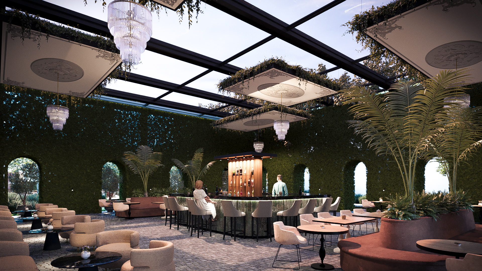 Grădină de vară cu plafon din sticlă și bar pentru evenimente private