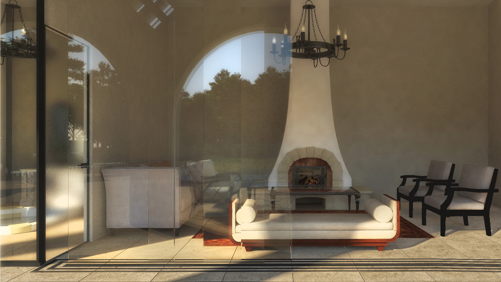 Lounge interior cu șemineu sculptural și mobilier elegant în pavilionul grădinii din Constanța