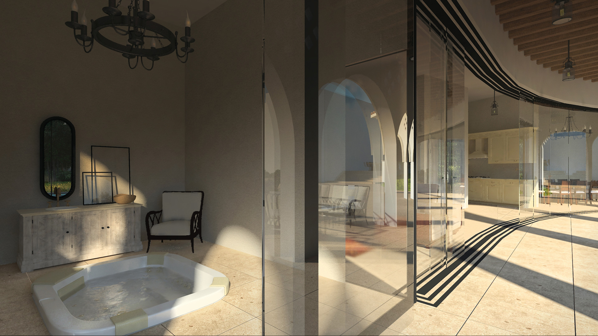 Spațiu cu jacuzzi, șezlong și vedere către arcadele pavilionului din grădina din Constanța