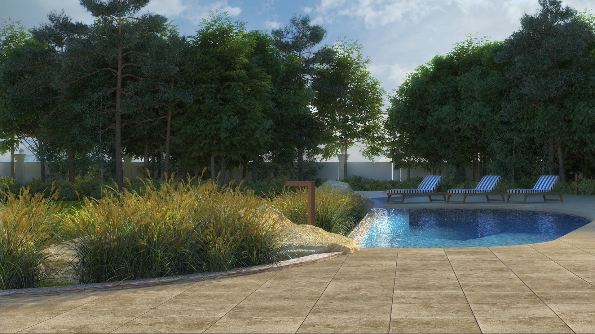 Detaliu al piscinei infinity încadrată de ierburi ornamentale și arbori