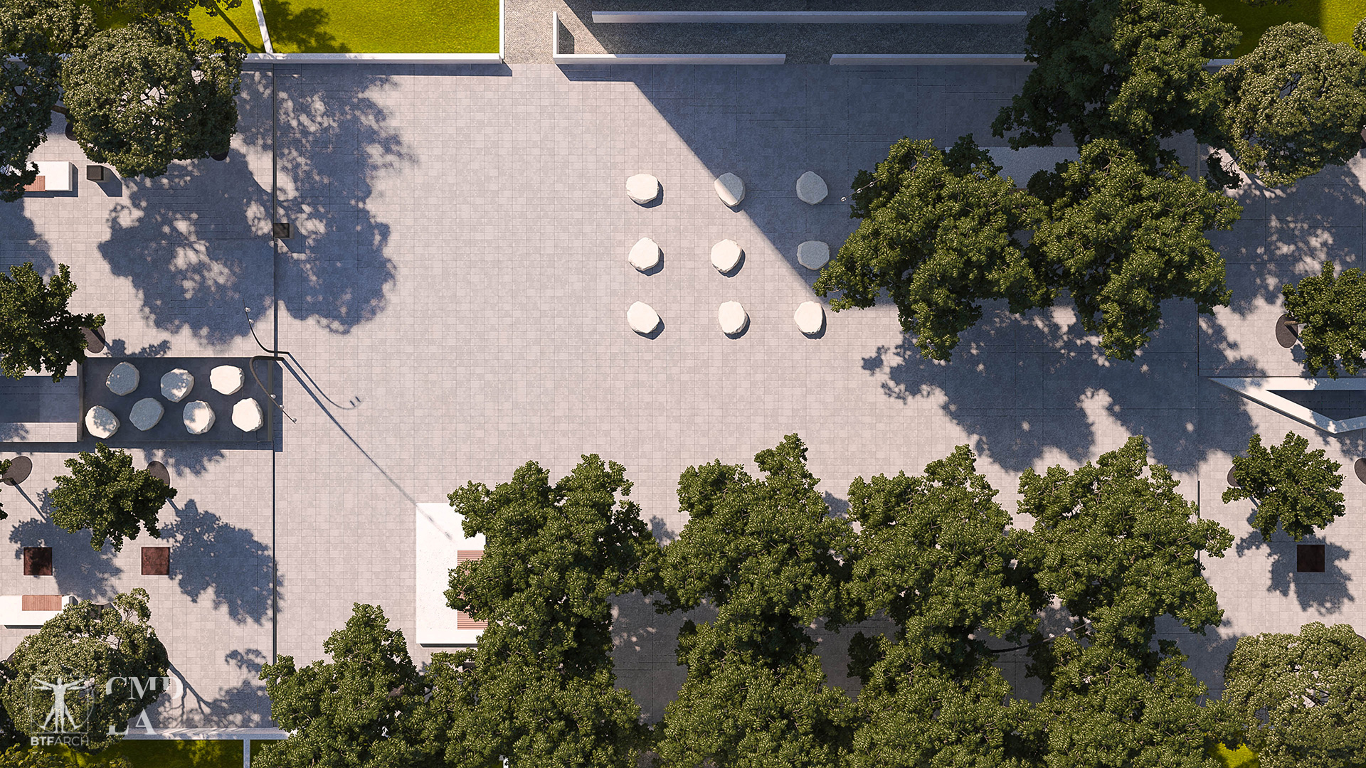 Vedere de sus a piețetei centrale din promenada publică din Galați, cu bazine cu apă și zone de întâlnire