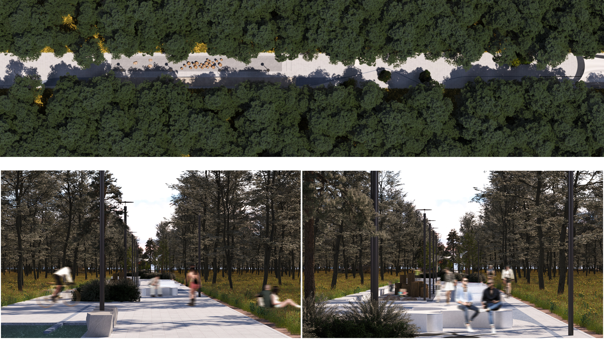 Alee pietonală în cadrul promenadei Linia, cu bănci și utilizatori care se bucură de natură