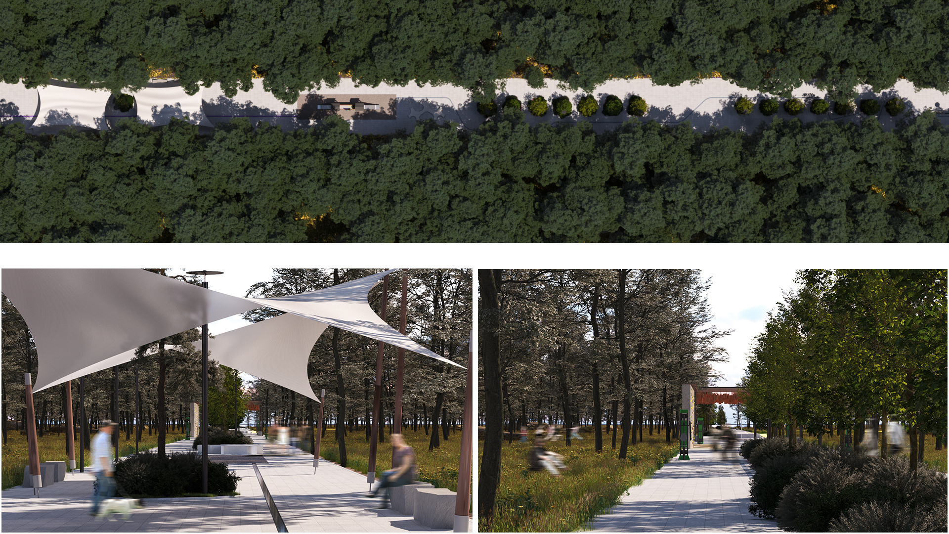 Alee umbrită a promenadei Linia cu pergole și structuri arhitecturale integrate în pădure