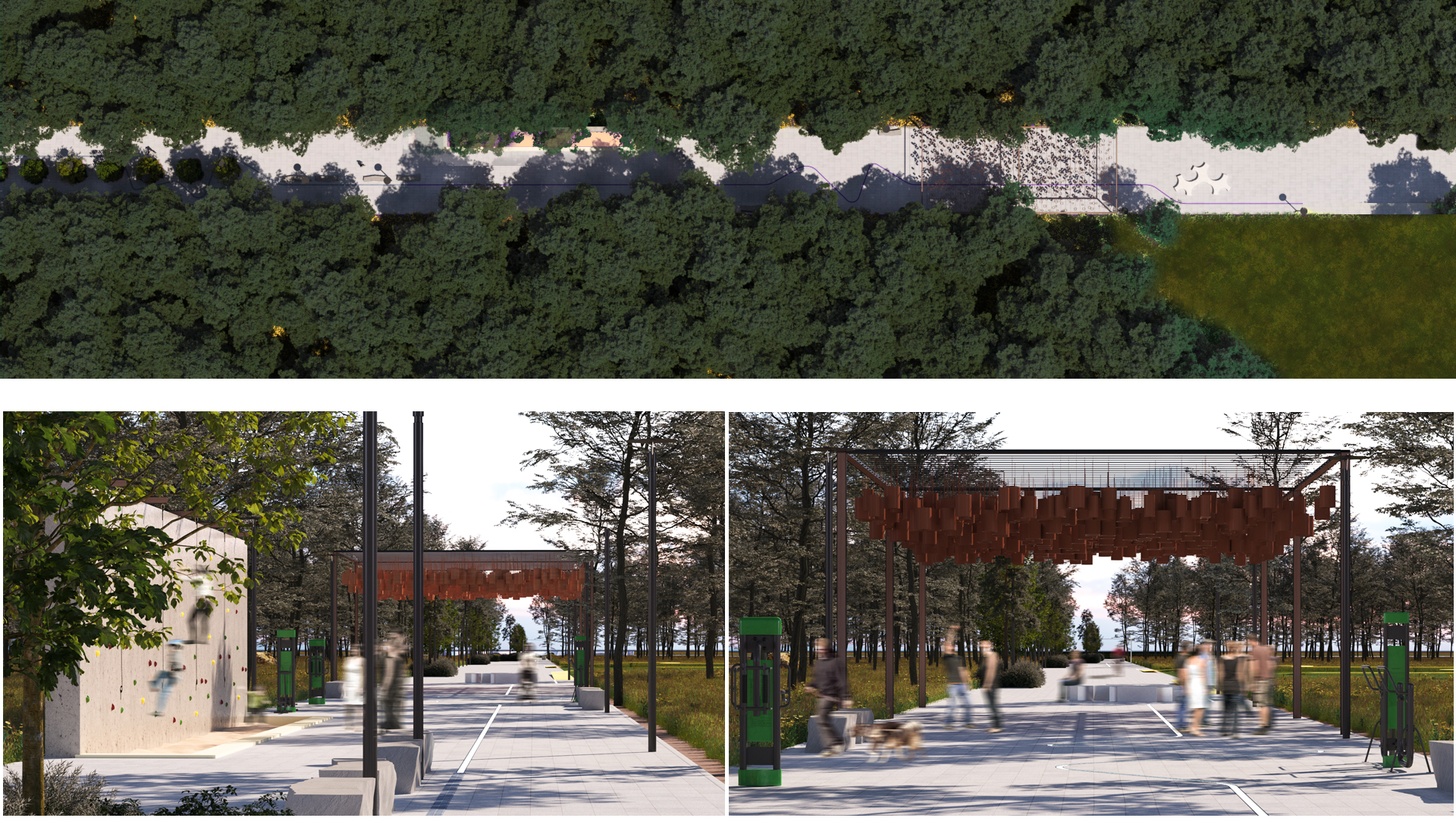 Intrarea în promenada Linia, cu pergolă decorativă și elemente de joacă