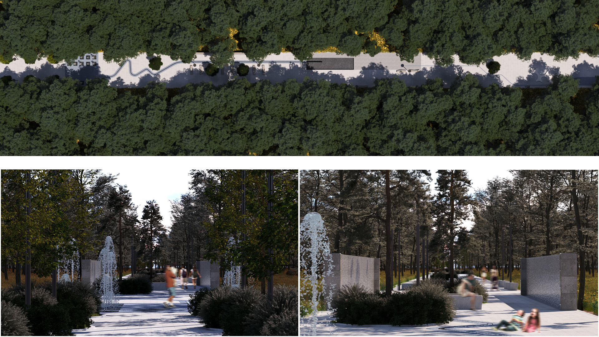 Fântâni decorative integrate în traseul promenadei Linia, într-un cadru forestier