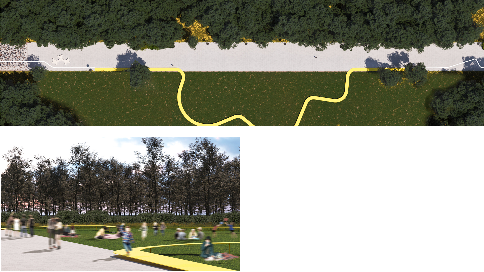 Vedere aeriană asupra promenadei Linia cu peluze verzi și trasee curbe