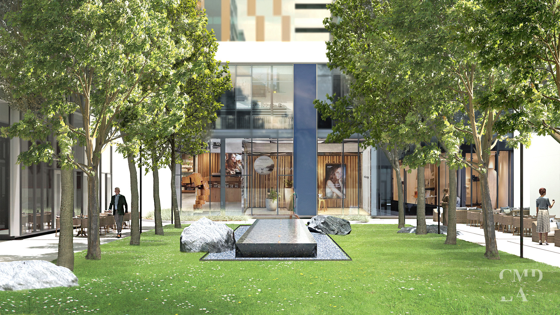 Scuarul Tacerii din One Cotroceni Park, cu bazin metalic ornamental, pietriș și arbori umbrosi – spațiu urban pentru reflecție.