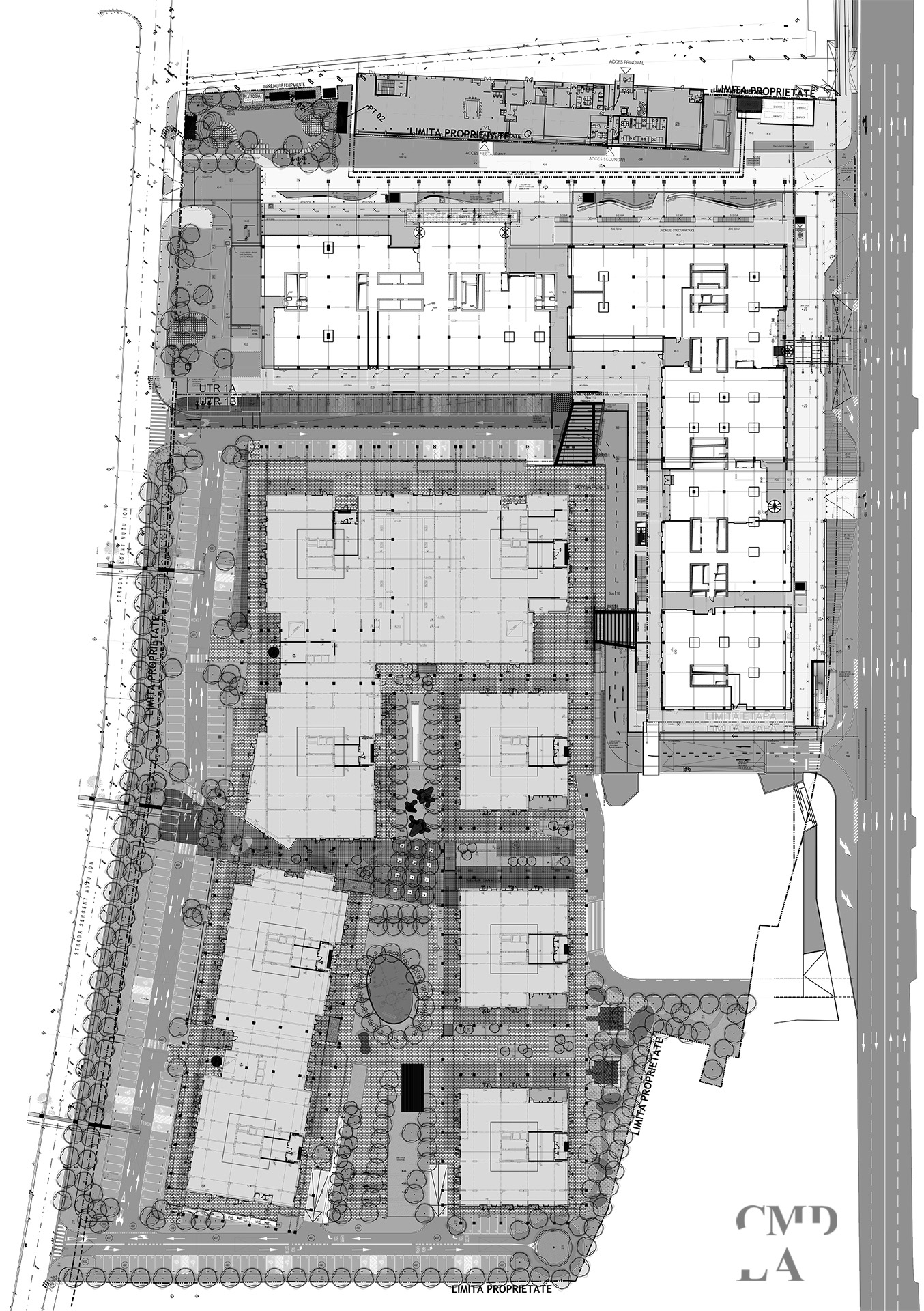 Plan general de peisagistică pentru One Cotroceni Park, cu zone verzi, piațete și locuri de joacă – proiect CMD/LA.