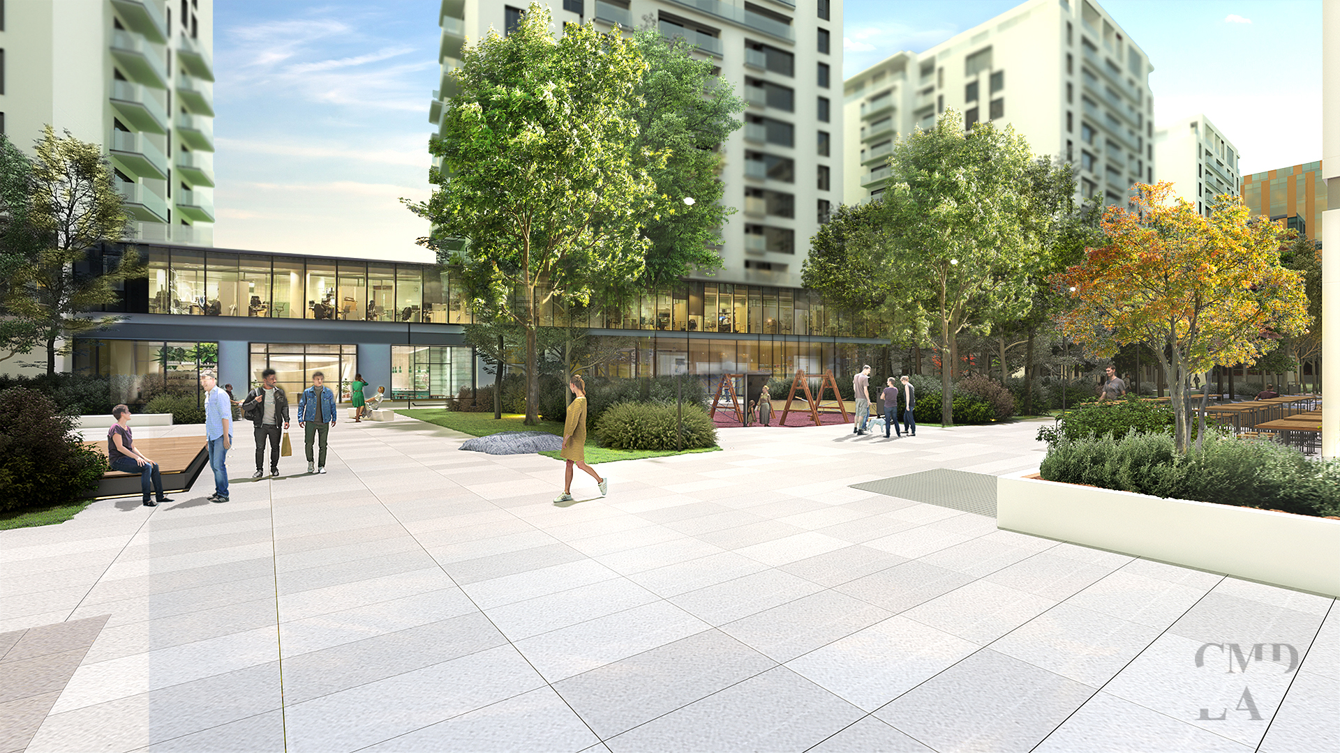 Zona socială din One Cotroceni Park cu deck din lemn, mobilier urban și spațiu de joacă pentru copii.