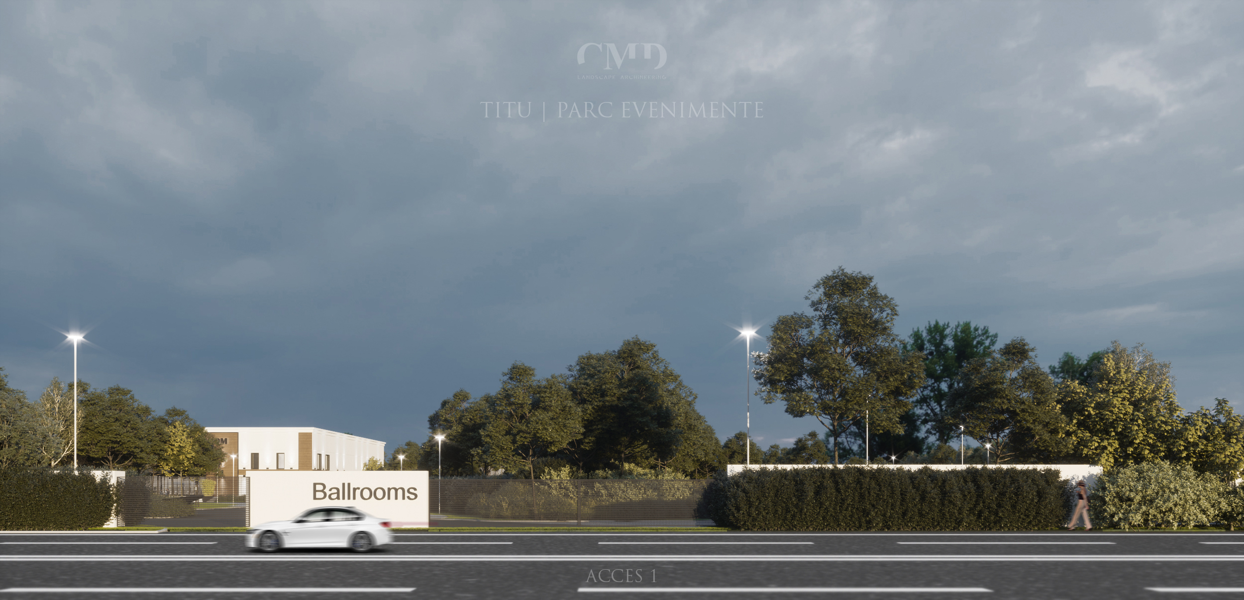 Rendered landscape plan of Titu private event park showing halls and green zones