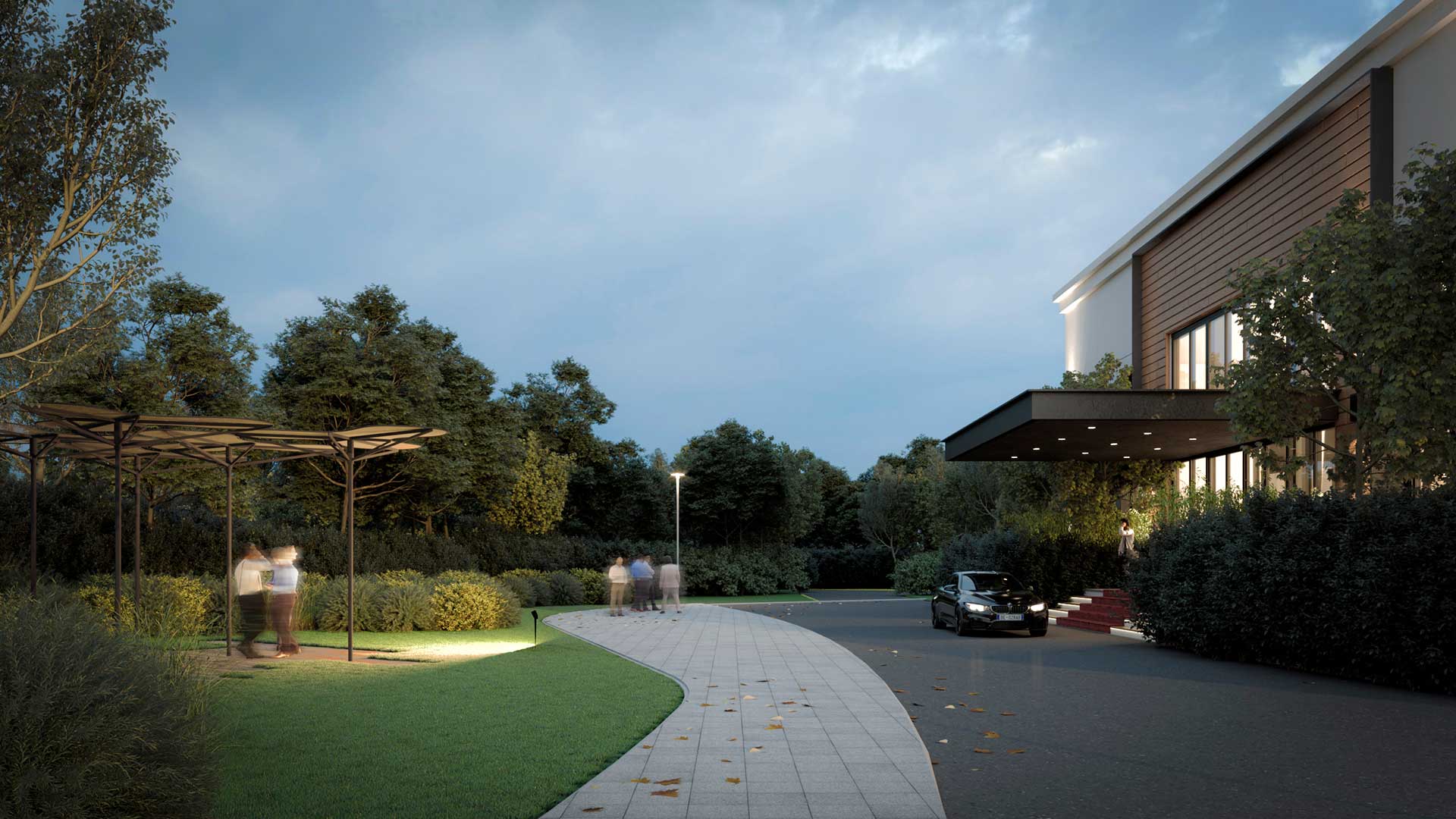 Pedestrian walkway with greenery, pergola and evening lighting